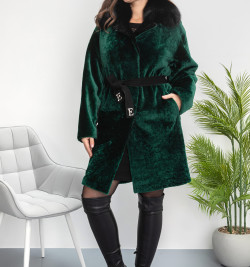Элегантная меховая дубленка изумрудного цвета - SALE