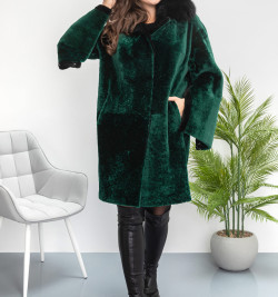Элегантная меховая дубленка изумрудного цвета - SALE