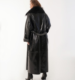 Демисезонное кожаное пальто с мехом