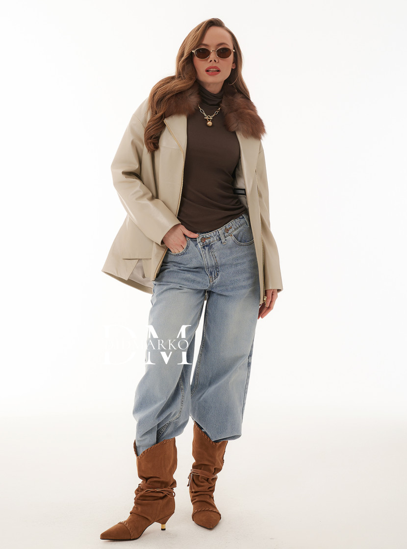 Демисезонная кожаная куртка цвета слоновой кости DONG MING