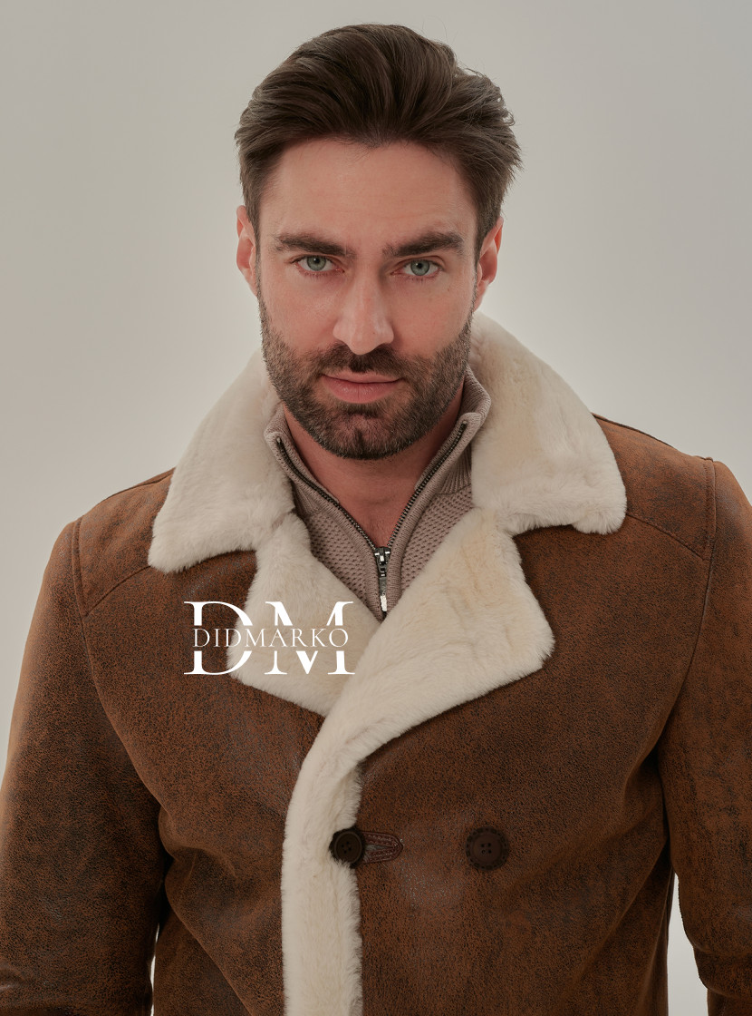 Мужской двубортный френч из натуральной овчины