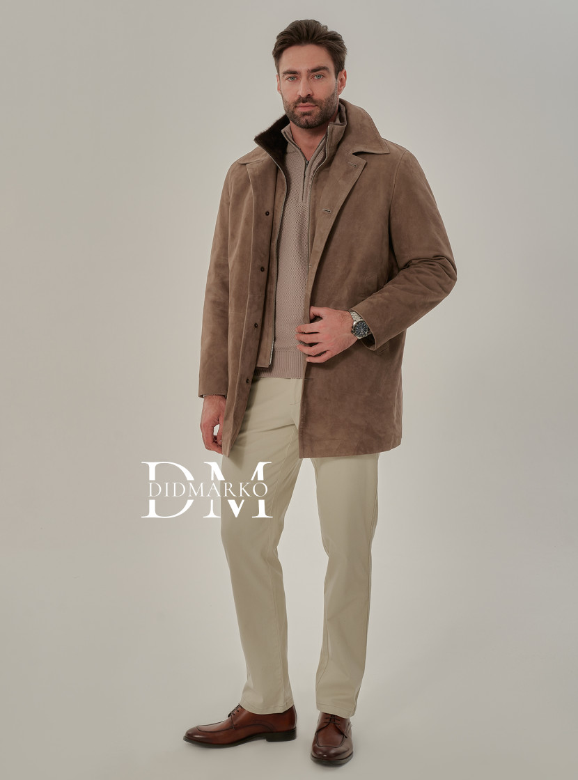 Демисезонный тренч из замши со съемной манишкой