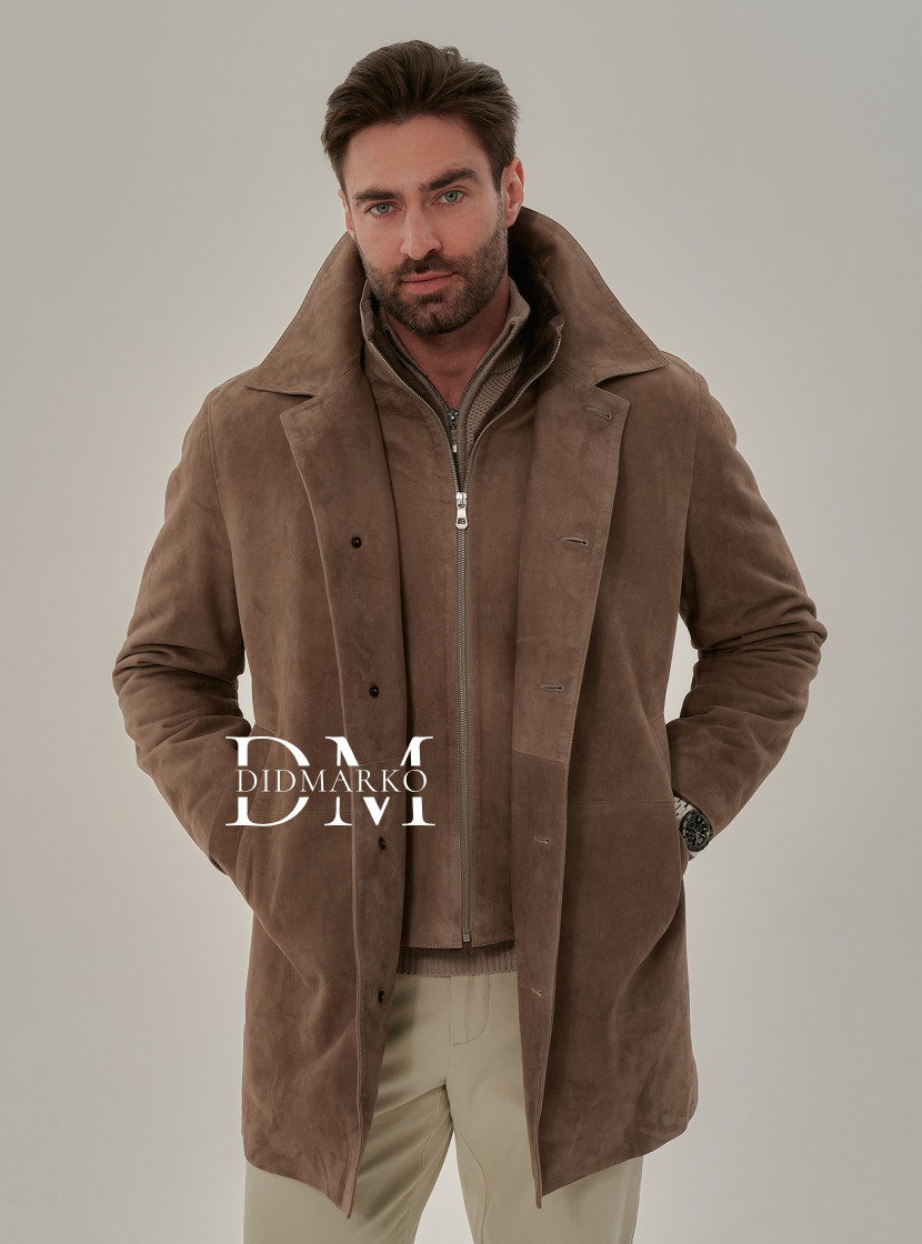 Демисезонный тренч из замши со съемной манишкой