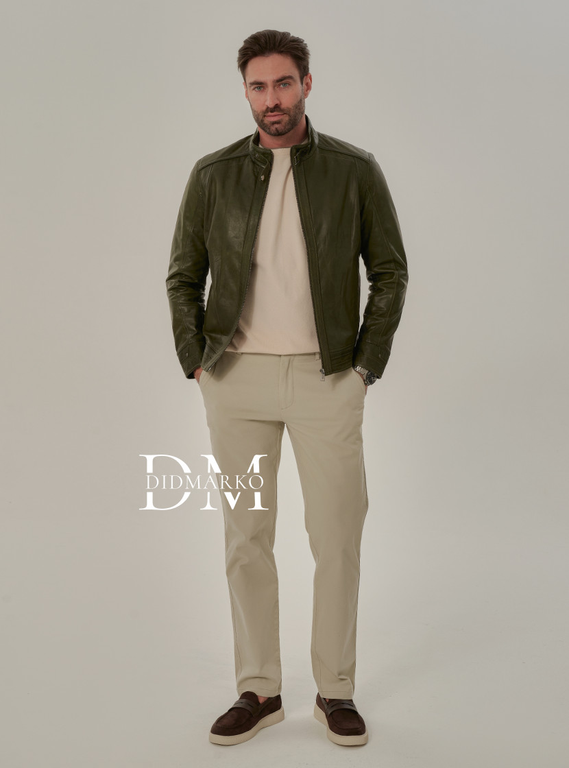Кожаная куртка в цвете хаки мужская