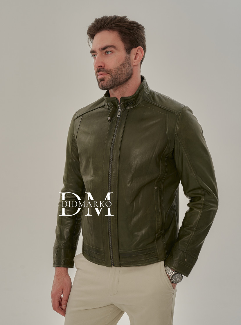 Кожаная куртка в цвете хаки мужская
