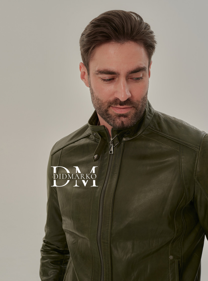 Кожаная куртка в цвете хаки мужская