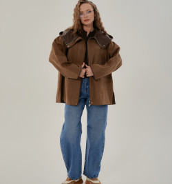 Удлиненная женская кожаная куртка с капюшоном 