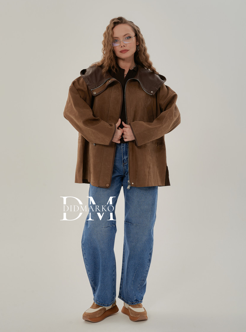 Удлиненная женская кожаная куртка с капюшоном 