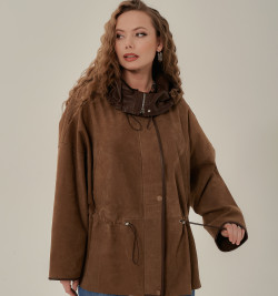 Удлиненная женская кожаная куртка с капюшоном 