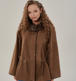 Удлиненная женская кожаная куртка с капюшоном 