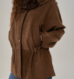Удлиненная женская кожаная куртка с капюшоном 