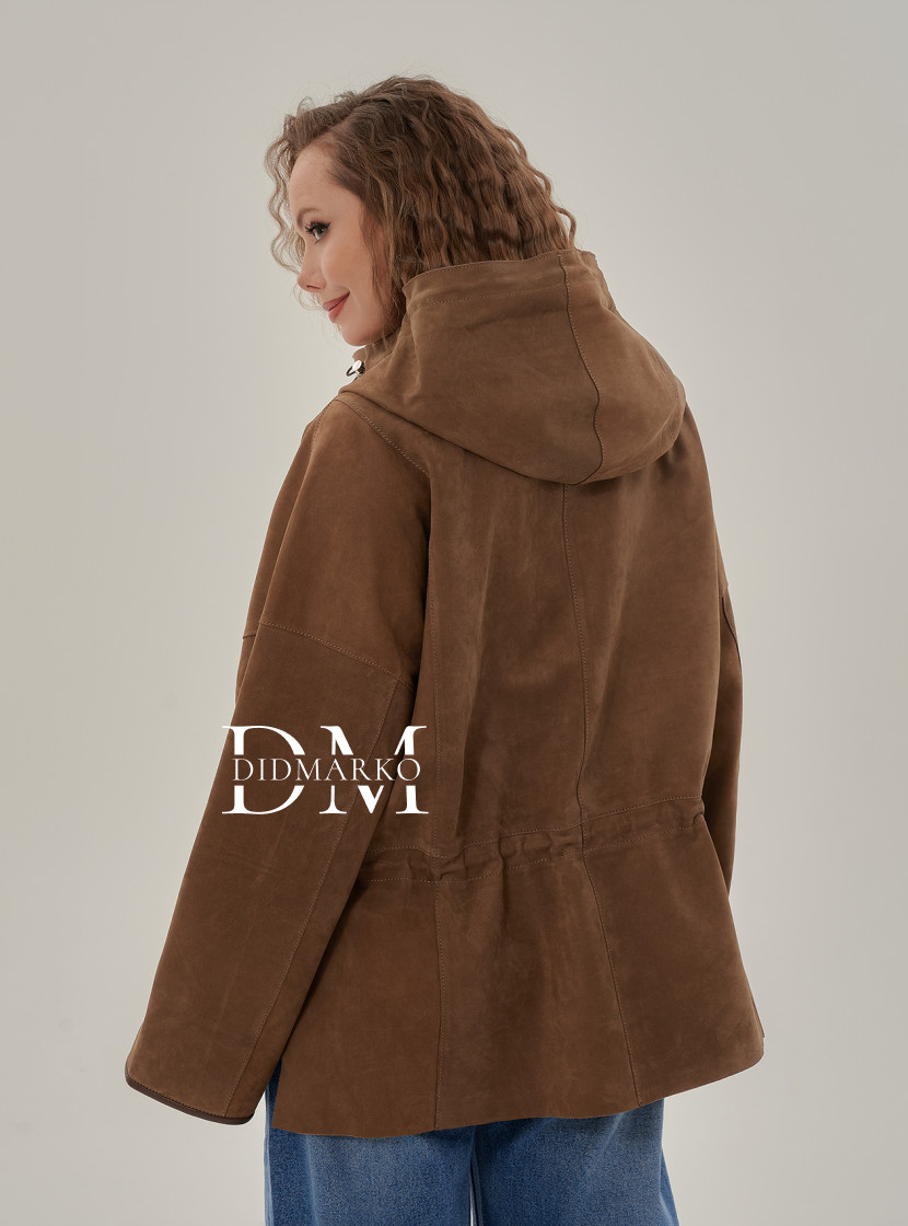 Удлиненная женская кожаная куртка с капюшоном 