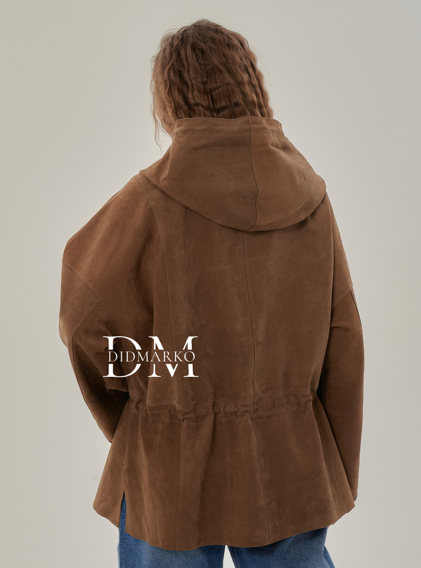 Удлиненная женская кожаная куртка с капюшоном 