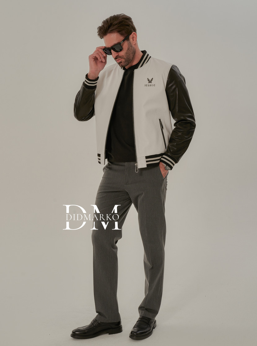 Черно-белый бомбер из кожи