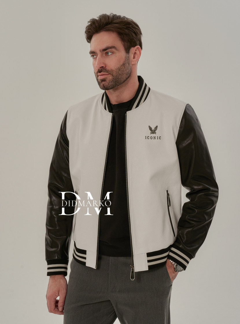 Черно-белый бомбер из кожи