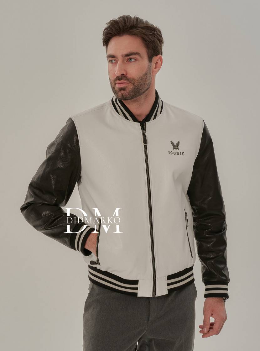 Черно-белый бомбер из кожи