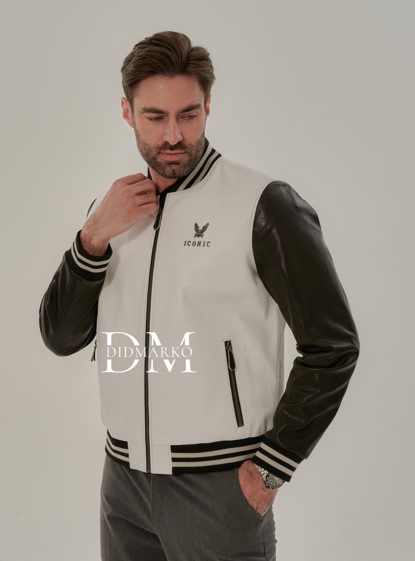 Черно-белый бомбер из кожи