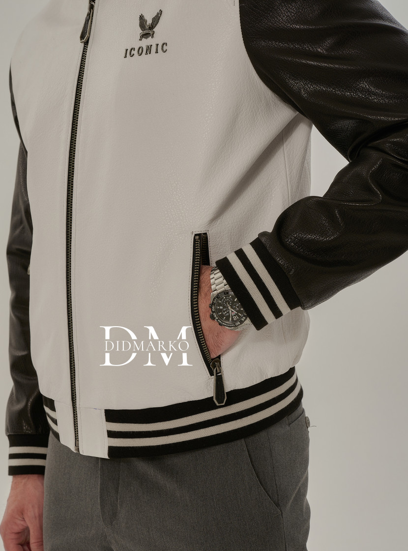 Черно-белый бомбер из кожи