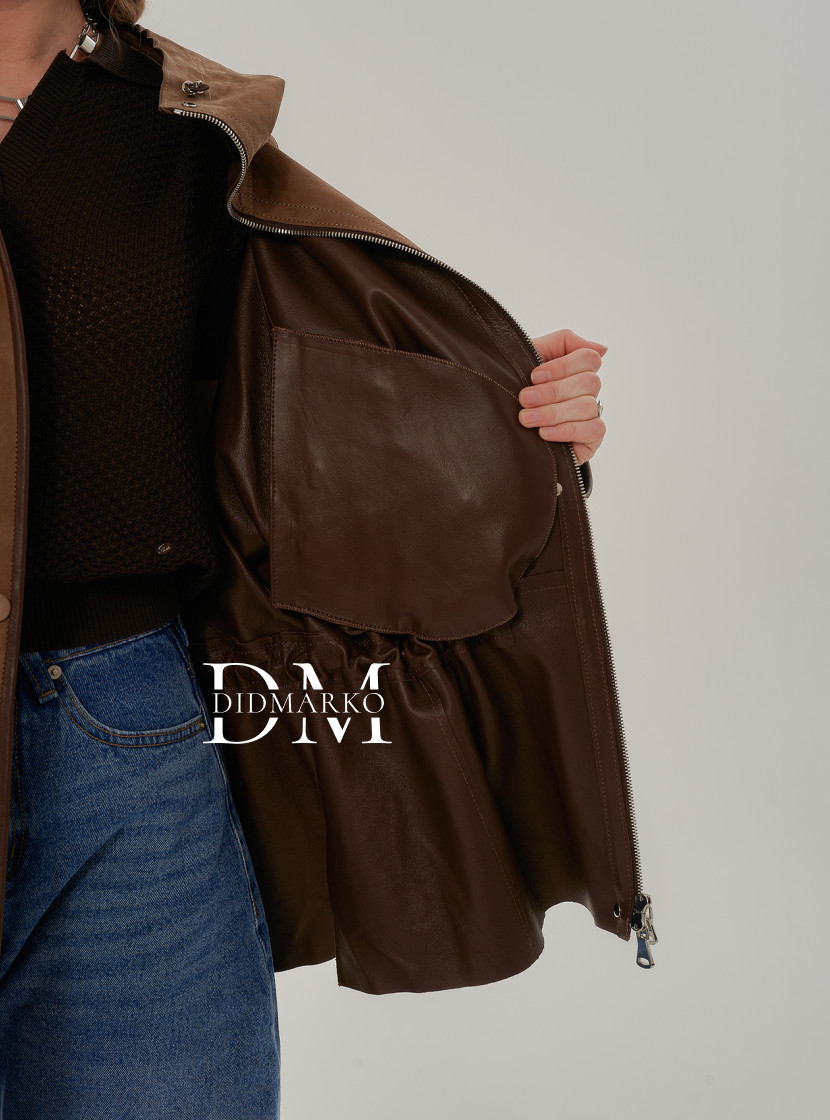 Удлиненная женская кожаная куртка с капюшоном 