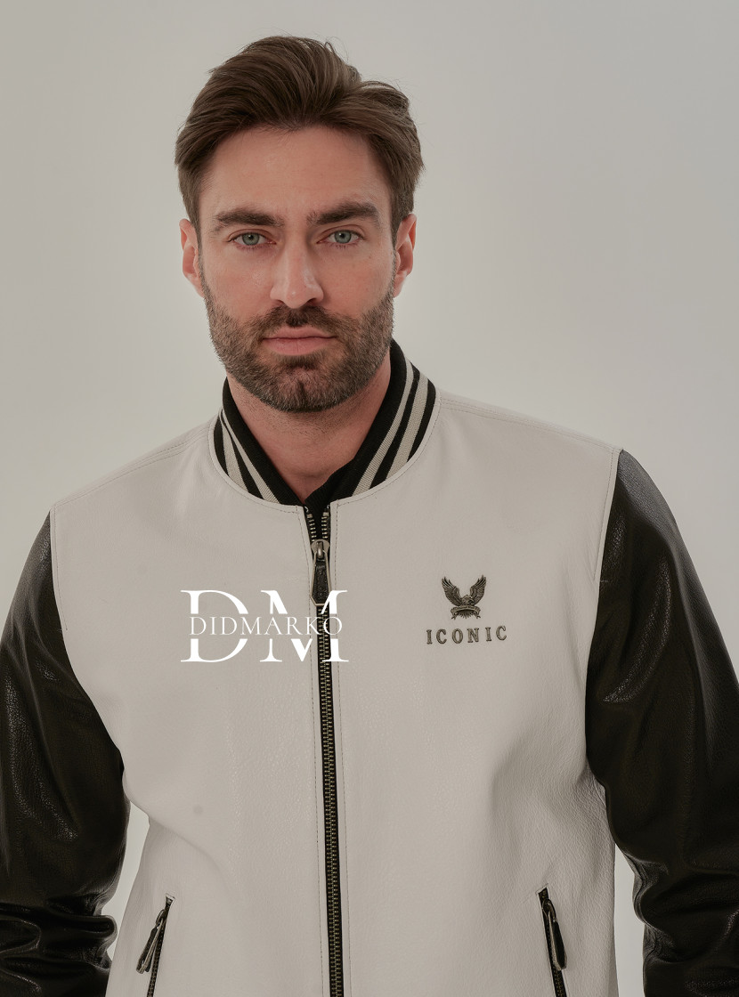 Черно-белый бомбер из кожи