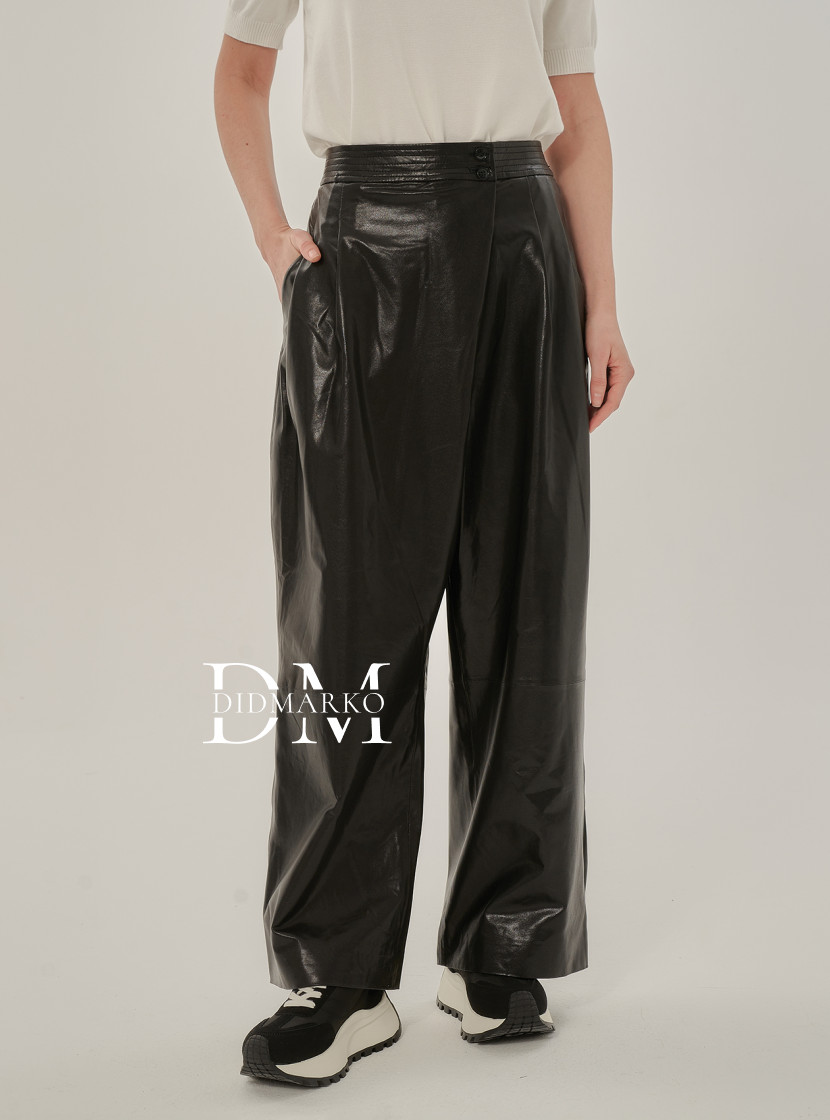 Черный брюки из натуральной кожи широкие