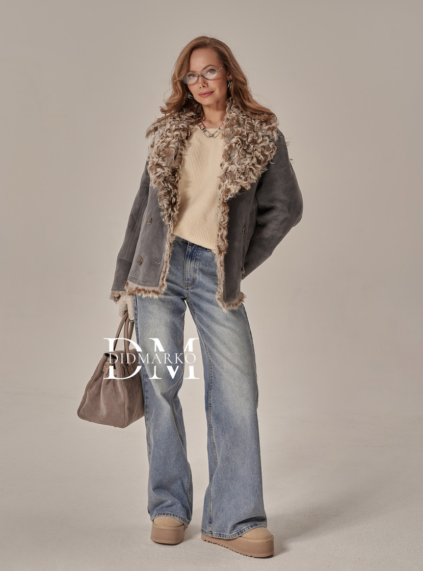 Дубленка из меха тиградо в цвете деним