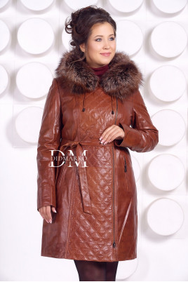 Купить Рыжее кожаное пальто с капюшоном и мехом чернобурки в Москве