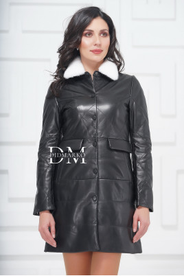 Купить Демисезонное кожаное пальто с воротником из меха норки в %rs_city_gde%