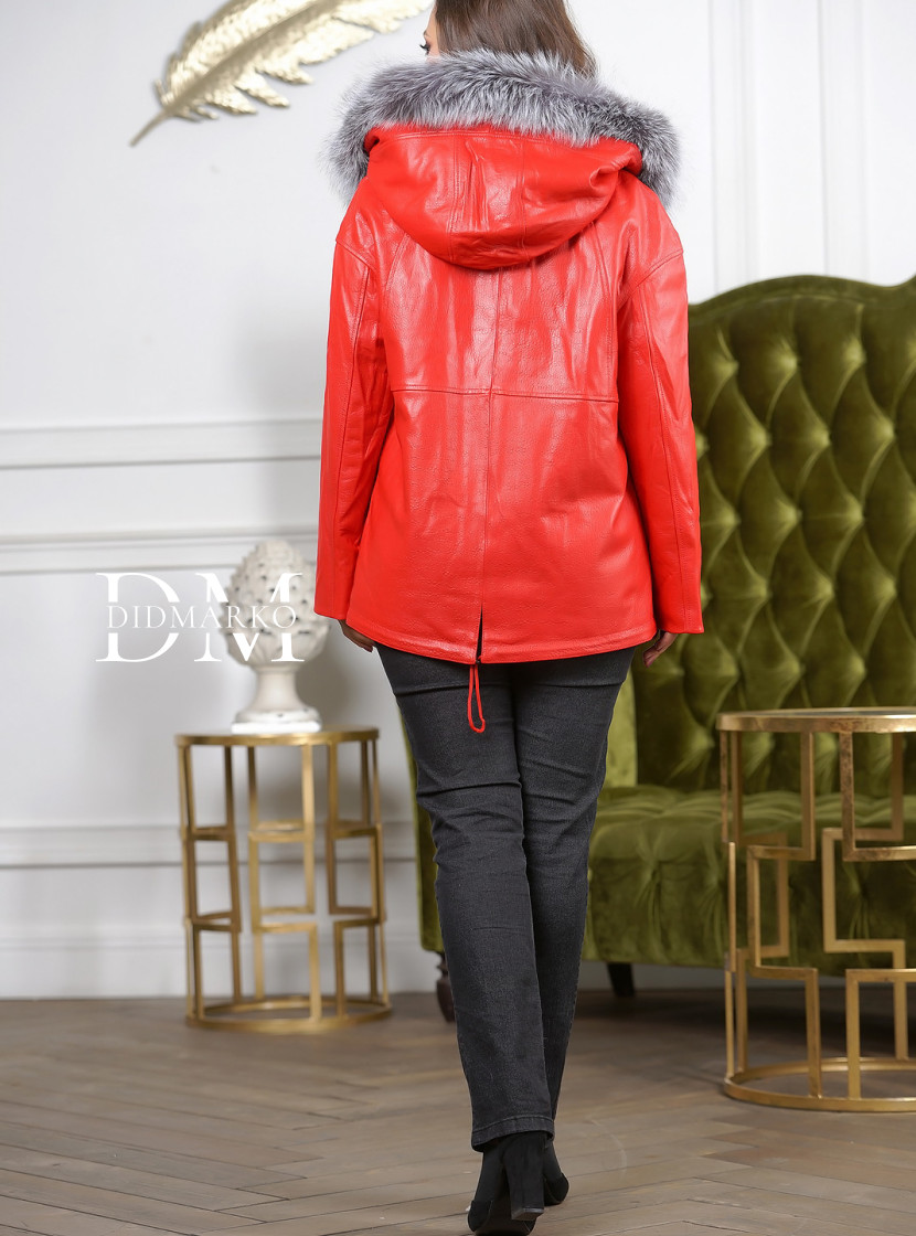 Утепленная кожаная куртка больших размеров кораллового цвета DONG MING